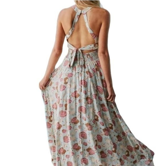 Jaase Endless Summer Blue Green Floral Halter Top Maxi Dress Cutout Back Size M - Picture 2 of 8